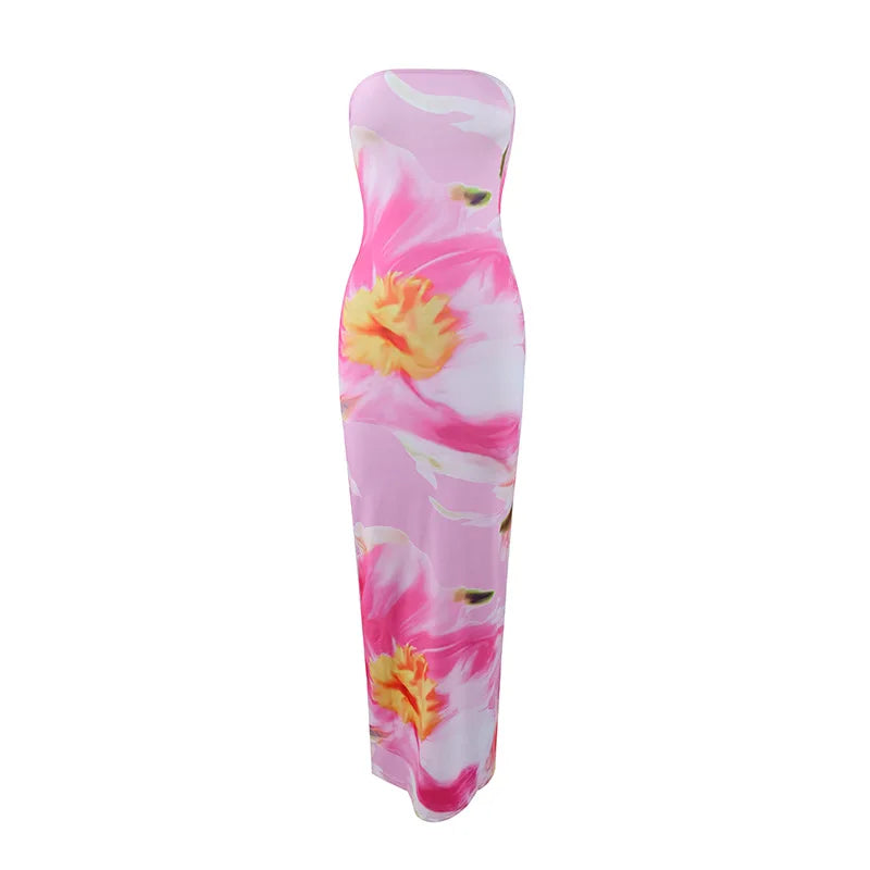 Women's Fashion Sexy Flower Print Strapless Long Dress