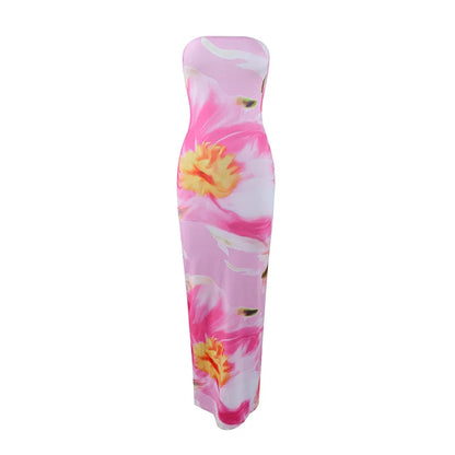 Women's Fashion Sexy Flower Print Strapless Long Dress