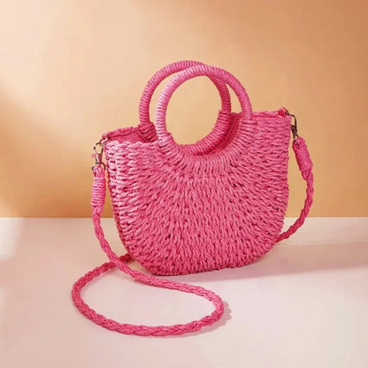 Handwoven Rattan Half-Moon Beach Handbag Large Capacity Women Summer Hollow Out Crossbody Shoulder Bag