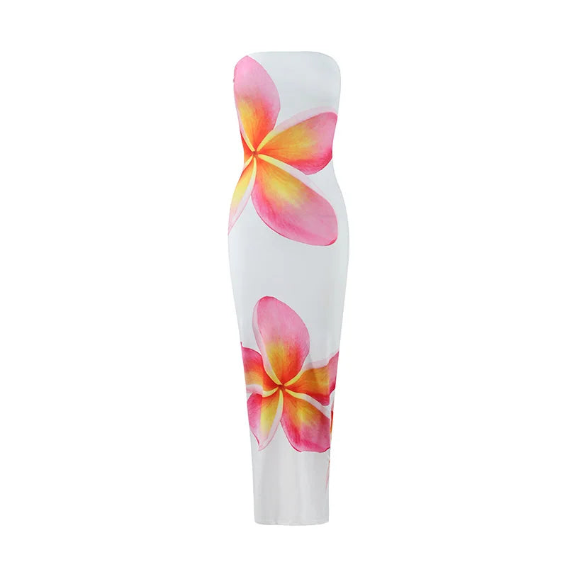 Women's Fashion Sexy Flower Print Strapless Long Dress