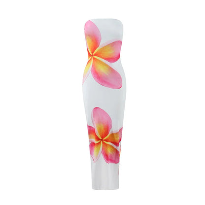 Women's Fashion Sexy Flower Print Strapless Long Dress