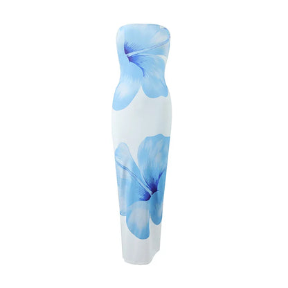 Women's Fashion Sexy Flower Print Strapless Long Dress