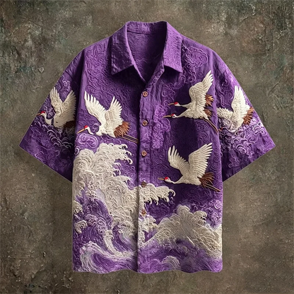 Casual Fashion Top Featuring Red-Crowned Crane and Ethnic Tribal Patterns