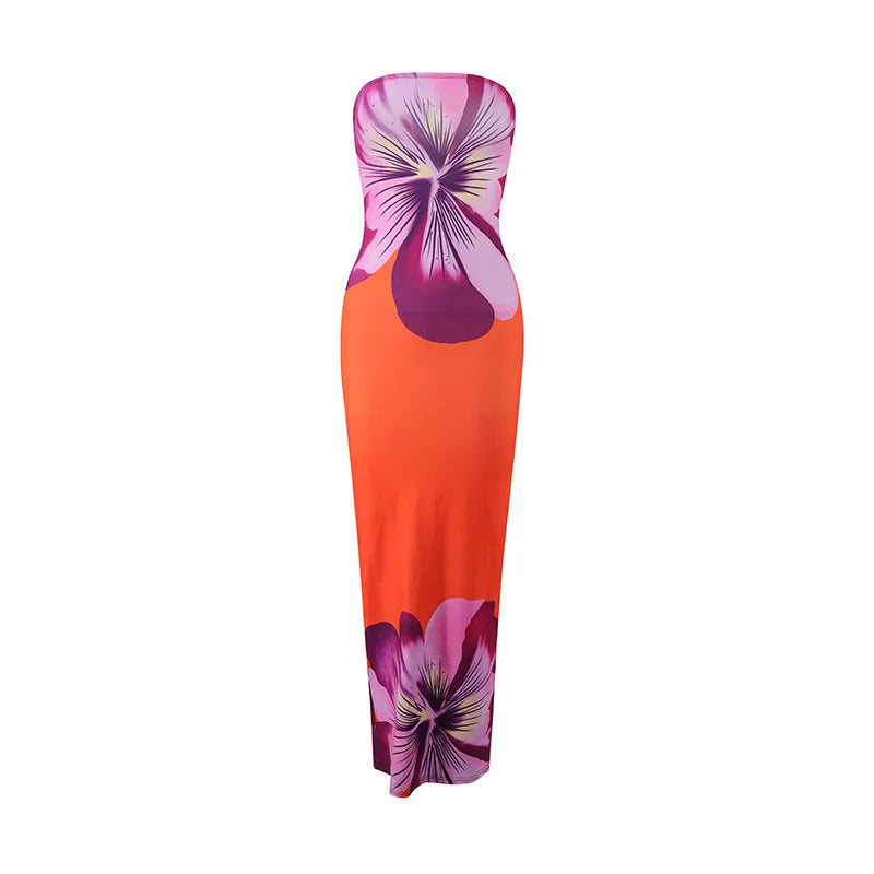 Women's Fashion Sexy Flower Print Strapless Long Dress