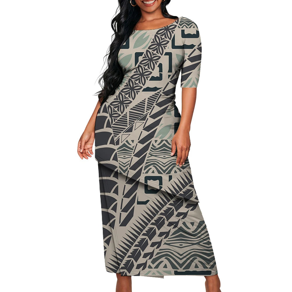 Tribal Floral Print Custom Polynesian Art Design Lady Puletasi Casual Dress
