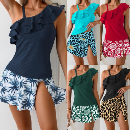 U'i Waiwai — Leopard Print Ruffle Tankini with A-Line Skirt