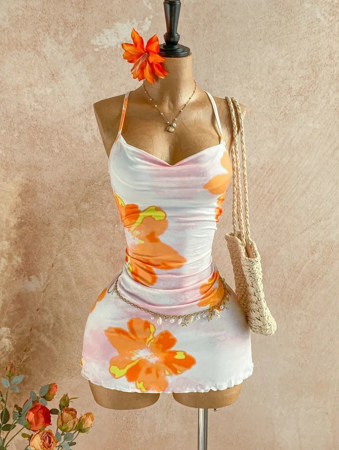 Womens Floral Print Side Ruched Ruffle Hem Mini Dress