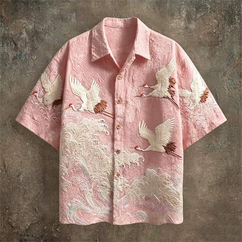 Casual Fashion Top Featuring Red-Crowned Crane and Ethnic Tribal Patterns