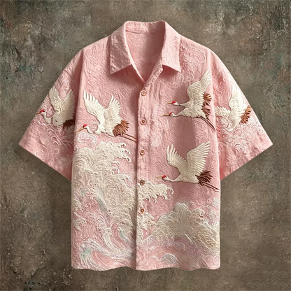Casual Fashion Top Featuring Red-Crowned Crane and Ethnic Tribal Patterns