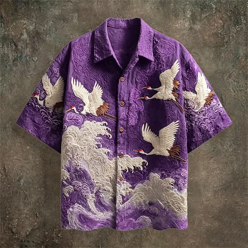 Casual Fashion Top Featuring Red-Crowned Crane and Ethnic Tribal Patterns