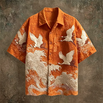 Casual Fashion Top Featuring Red-Crowned Crane and Ethnic Tribal Patterns